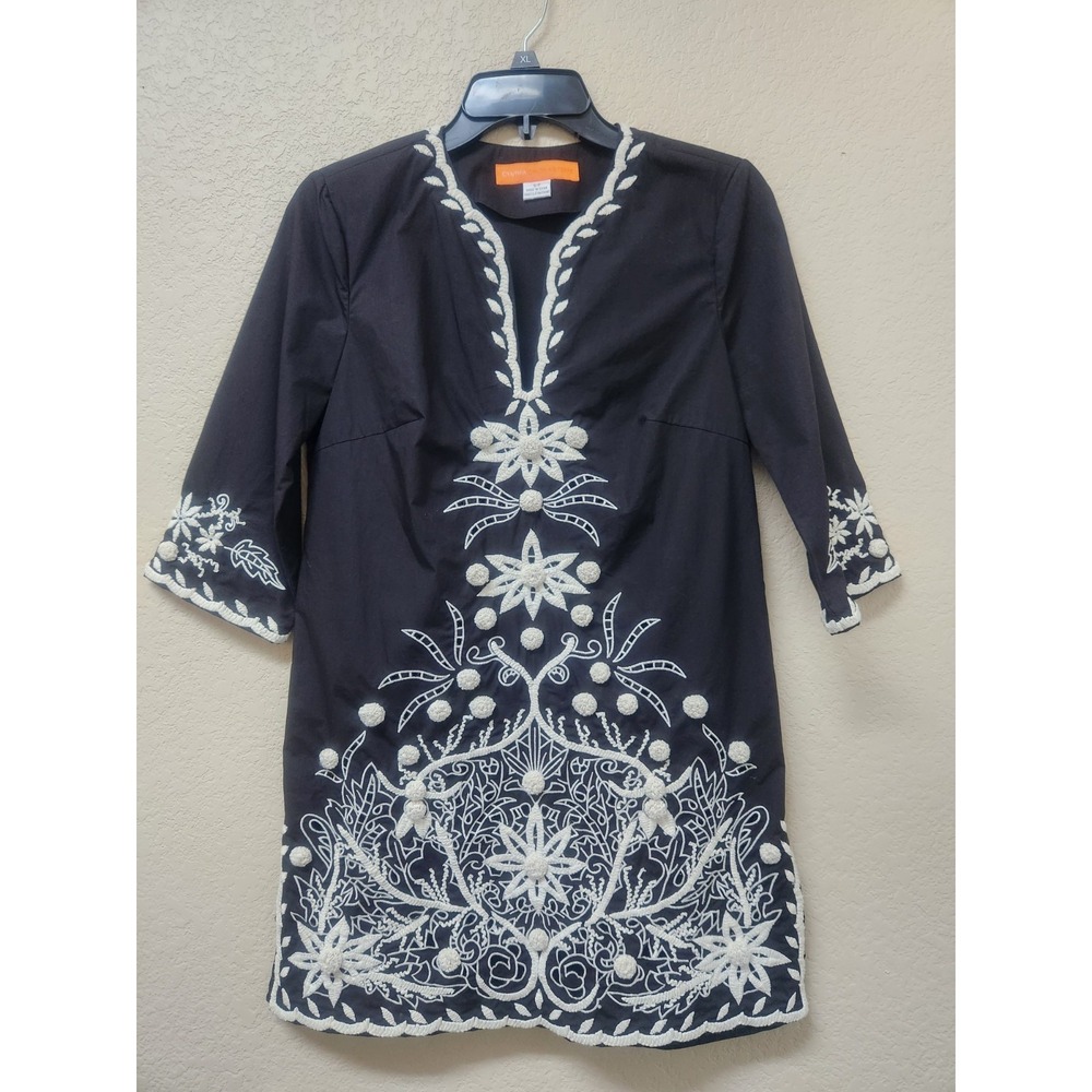 Cynthia Steffe Black White Embroidered Tunic Blouse Top Boho Small S Boho Womens